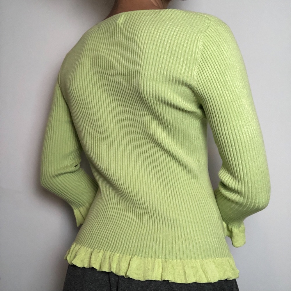Bright Green V Neck Ruffle Ribbed Long Sleeve! - Picture 5 of 5
